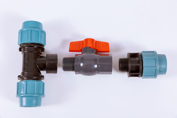 Many PVC plastic solenoid drain valve for connecting the supply water with isolated on white...