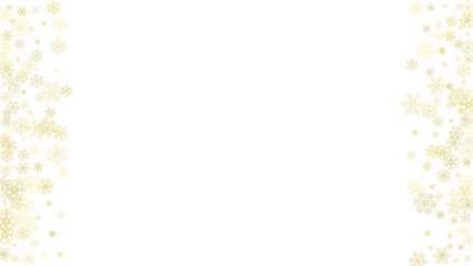 Glitter snowflakes frame on white horizontal background. Shiny Christmas and New Year frame for gift certificate, ads, banners, flyers. Falling snow with golden glitter snowflakes for party invite