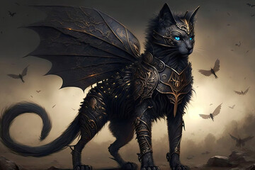 Black cat with wings and armor, bright blue eyes, game character