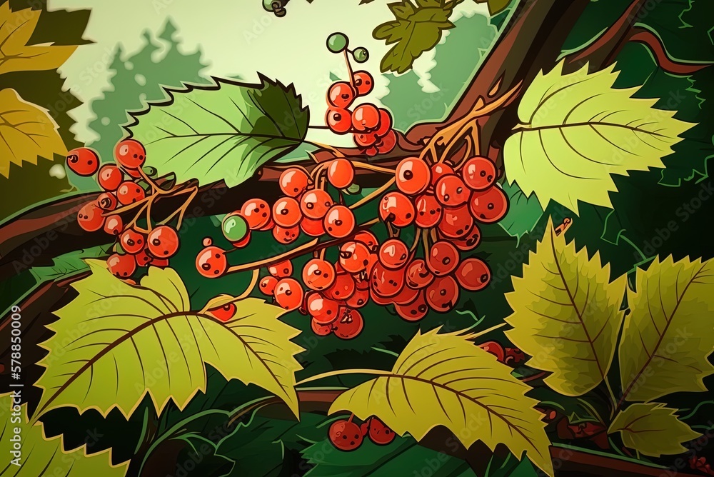 Poster a close-up of currants on a tree limb. generative ai