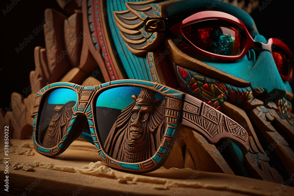 Wall mural shades of the gods: ai-generated ad for hand-carved wooden sunglasses with reflective teal lenses su