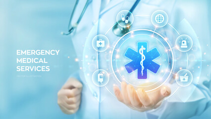 Emergency medical services concept. Doctor holding in hand the Emergency symbol. Online medical support. First aid. Medicine and healthcare application. Vector illustration.