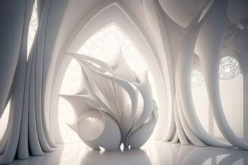 modern white sculpture in a white hall with asymmetrical columns