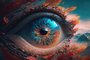 illustration of an eye with reflecting iris surrounded by autumn foliage, mountains in the background