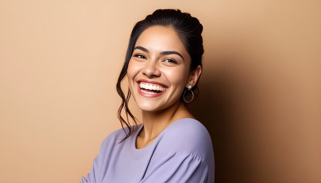 Smiling attractive hispanic young woman looking at the camera. Generative AI	