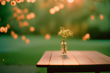 As flores na mesa de madeira no jardim verde são ainda mais encantadoras na primavera, graças à iluminação de luzes bokeh geradas por inteligência artificial, que criam um ambiente mágico e acolhedor.