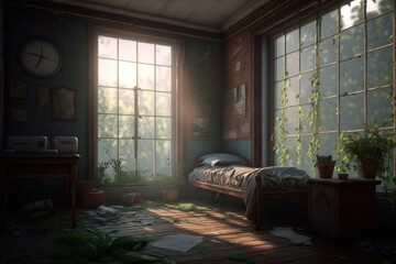 Abandoned room. Generative AI. Old, dusty, untidy bedroom with large windows, scattered bedding, antique furniture, and withered houseplants. Symbol of devastation, crisis, depression, loneliness.