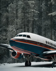 Obraz na płótnie Canvas Aeroplane in white, red and blue colours, in the middle of snow, ready to take off with forest in the background created by Generative AI