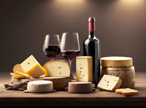 Wine and cheese on the table. Ai generated