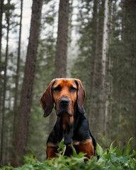 A beautiful bloodhound dog sitting in the middle of the forest and raised by Generative AI - obrazy, fototapety, plakaty