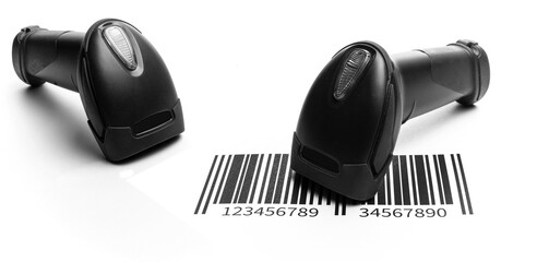 Barcode scanning. Reader laser scanner for warehouse. Retail lab