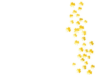 Shamrock background for Saint Patricks Day.  Lucky trefoil confetti. Glitter frame of clover leaves. Template for voucher, special business ad, banner. Celtic shamrock background.