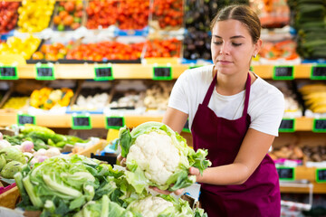 Attentive young female market assistant in apron laying out local cauliflower on shelves in...