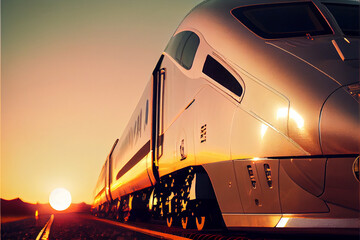High speed train in motion at the railway station at sunset in Europe. Modern intercity train on the railway platform with motion blur effect. Industrial landscape with passenger train on railroad - obrazy, fototapety, plakaty