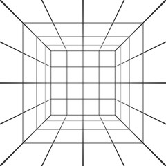 Square room, hallway, studio or portal wireframe in perspective on white background. Box grid structure. Engineering, architecting or technical isometric scheme - obrazy, fototapety, plakaty