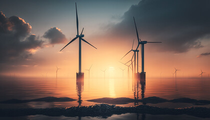 Offshore wind turbines in a calm sea at sunset. Generative AI