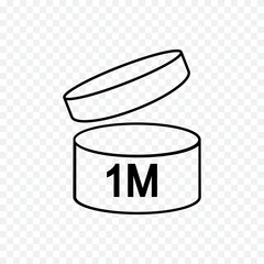 1 month PAO icon. Period after opening sign. Jar with open lid and 1M text. Product freshness time. Cosmetic, shampoo, makeup validity label