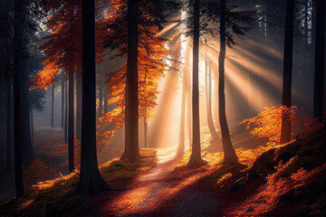 Warm autumn scenery in a forest with the sun casting beautiful rays of light through the mist and trees.
