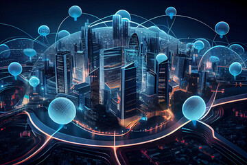 Smart city and digital telecommunication and communication network concept. Big data connection technology. De-focused background.
