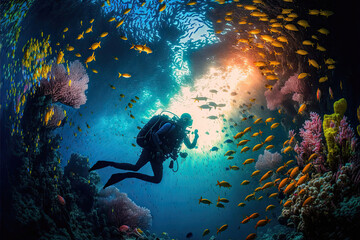 scuba diving in tropical ocean coral reef sea under water, scuba diver, diver, swim, caribbean, fiji, maldives, snorkel, marine life, aquatic, aqua blue, dive, travel, tourism - obrazy, fototapety, plakaty