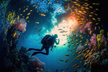 Fotobehang scuba diving in tropical ocean coral reef sea under water, scuba diver, diver, swim, caribbean, fiji, maldives, snorkel, marine life, aquatic, aqua blue, dive, travel, tourism © Distinctive Images