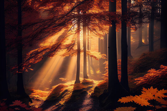 Warm Autumn Scenery In A Forest With The Sun Casting Beautiful Rays Of Light Through The Mist And Trees.