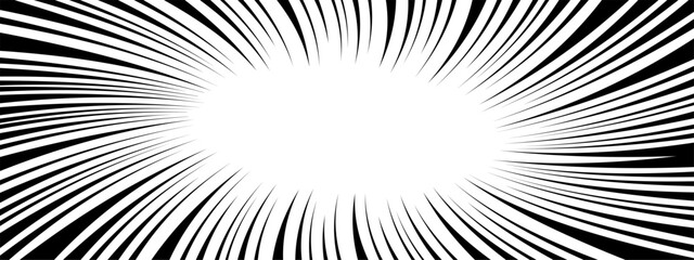 Twisted radial black lines on white background. Manga book page design. Swirled comic emphasis template. Bang, splash, boom, explosion, power, scream, motion, burst effect