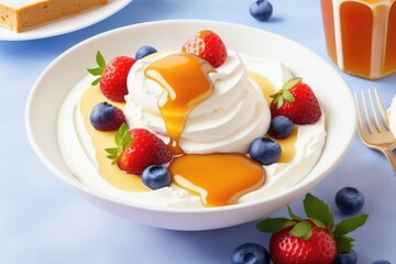 Bowl of homemade yogurt and fresh berries on wooden background, generative ai, healthy food