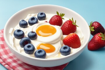 Bowl of homemade yogurt and fresh berries on wooden background, generative ai, healthy food