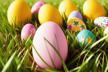 Fototapeta na wymiar Basket of easter eggs on green grass, colorful eggs for celebration, generative ai, sunny day