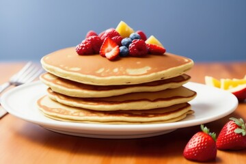 Pancakes with forest fruits berries on table. Top view of fresh pancakes on dish, generative ai, tasty food