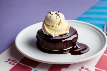 Close Up Still Life of Scoops of Chocolate and Vanilla Ice Cream with Chocolate Shavings, generative ai, on Rustic Wooden Table Surface with Copy Space