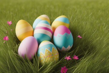 Fototapeta na wymiar Basket of easter eggs on green grass, colorful eggs for celebration, generative ai, sunny day