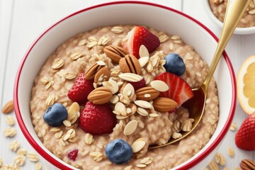 Homemade oatmeal with berries and nuts, rasty and healthy food, generative ai, solid background with copyspace