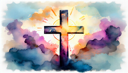 Blurry abstract background of Painting in watercolor depicting a conceptual cross or other religious symbol over a sky at sunset with clouds as God. Generative AI