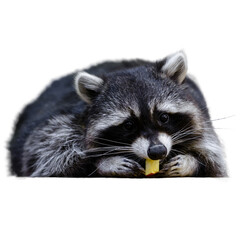 Gray raccoon lies on the table and eats an apple close-up. Isolated