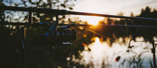 Fishing rods set up for carp fishing near serene lake at sunset with modern equipment, alarms included. Everything ready for successful angling experience. Ideal for spring, summer, fall recreation