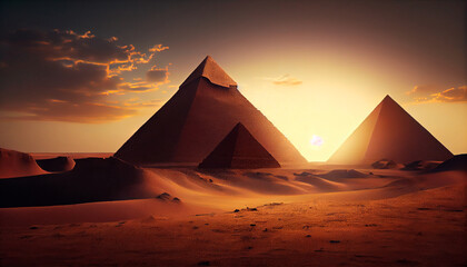Fototapeta na wymiar Egyptian pyramids in desert with evening sunset. Generative AI