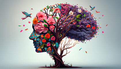 Human brain tree with flowers and butterflies, self care and mental health concept, positive thinking, creative mind. Generative AI