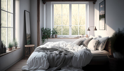 Illustration of modern bedroom with natural light, windows, and a bed created with Generative AI technology.