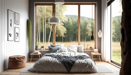 Illustration of modern bedroom with lots of natural light, windows looking at a forest, created with Generative AI technology.