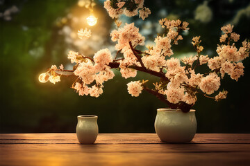 Na primavera, as flores na mesa de madeira em nosso jardim verde são iluminadas pela luz do entardecer, tornando o ambiente ainda mais encantador, com a ajuda da inteligência artificial.