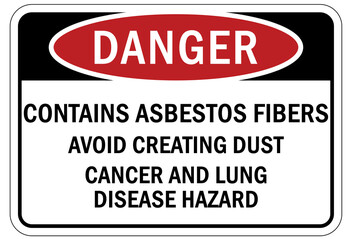 Asbestos chemical hazard sign and labels contains asbestos fibers. Avoid creating dust. Cancer and lung disease hazard