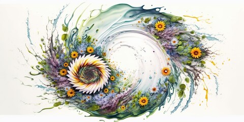 Top view of rotating swirl of water splashes and flowers on white background, concept of Abstract and Pattern, created with Generative AI technology