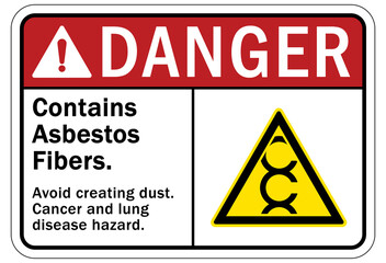 Asbestos chemical hazard sign and labels contains asbestos fibers. Avoid creating dust. Cancer and lung disease hazard