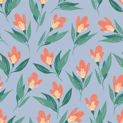 Orange Flowers on Blue Floral Seamless Vector Repeat Pattern