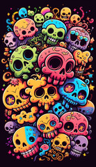 Colorful miniature skulls pattern background, Generative Ai