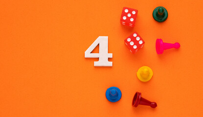 Number 4 with dice and board game pieces - Orange eva rubber background