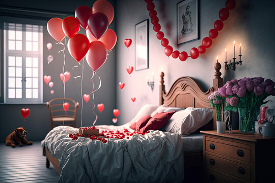 Interior of bedroom decorated for Valentine's Day with roses, hearts and balloons. Generative AI