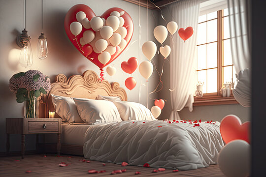 Interior of bedroom decorated for Valentine's Day with roses, hearts and balloons. Generative AI